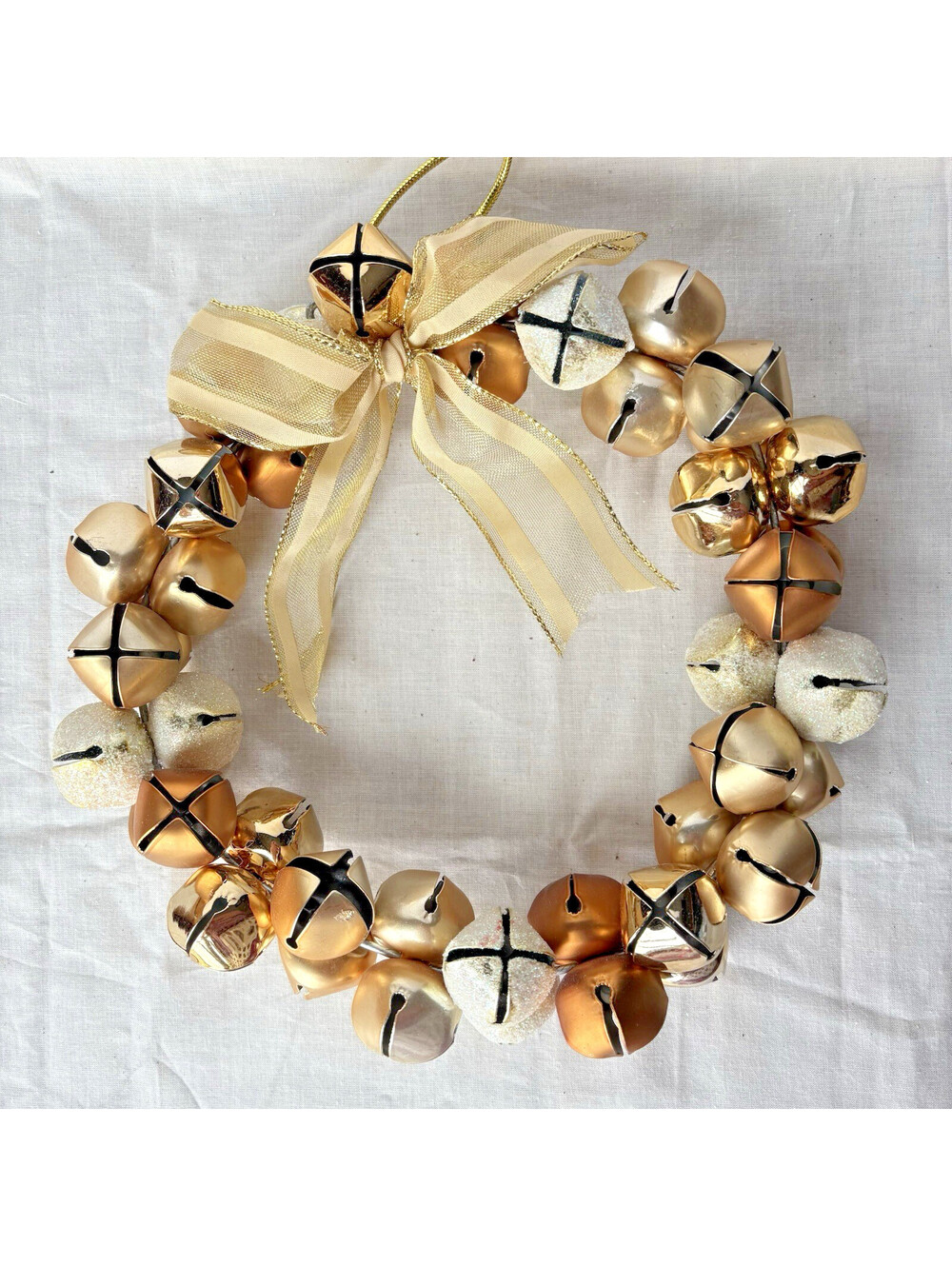 Christmas Wreath Jingle Bells Silver Gold Color 13" Metal Wall Door Hanging